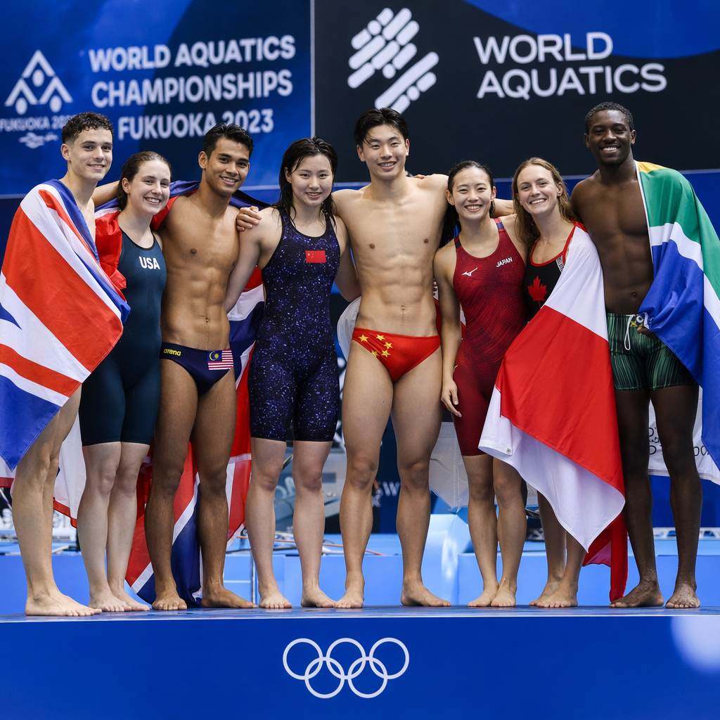 Diverse group of international divers united on the platform