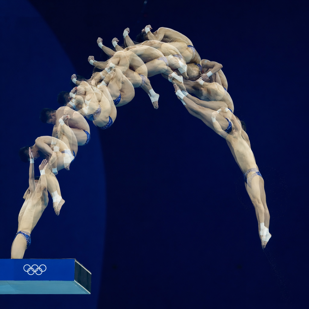 Diver performing a complex twisting dive with perfect coordination