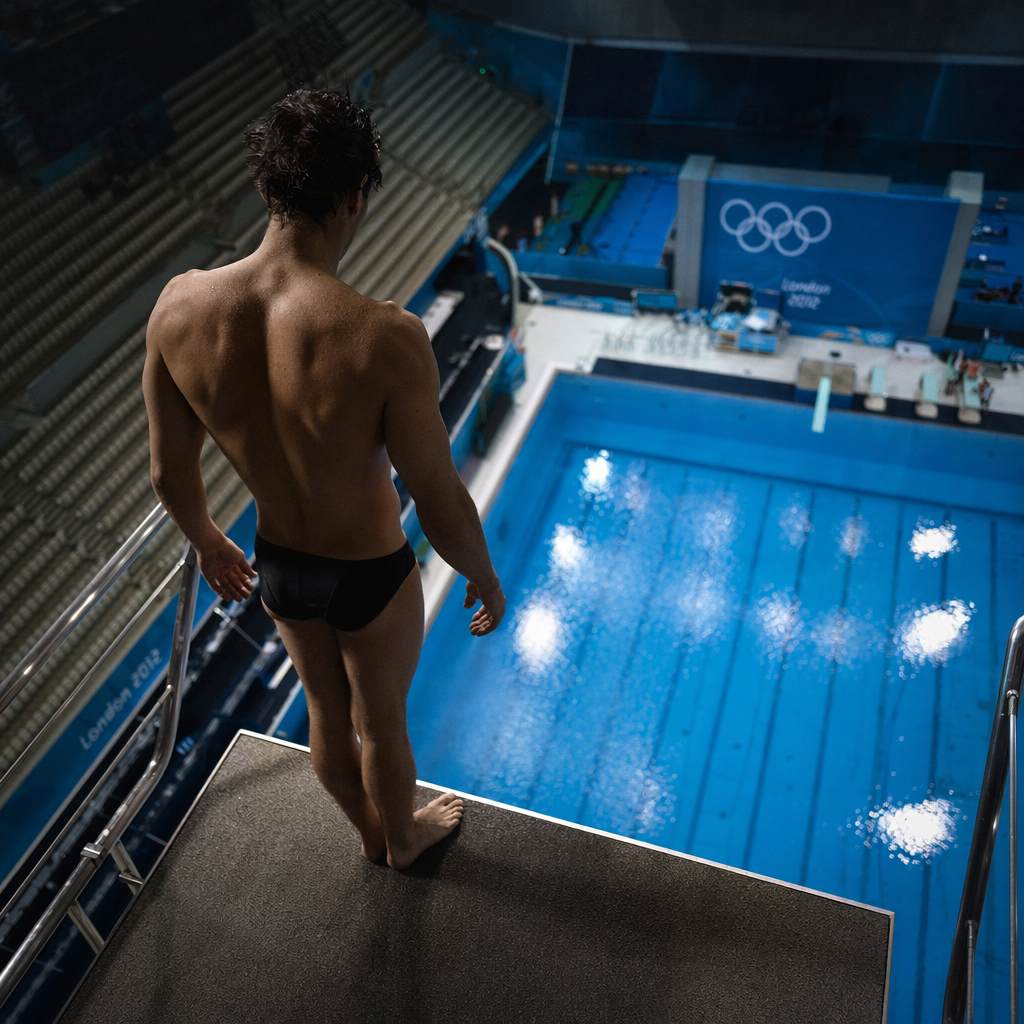 Diver standing on a high platform with determination